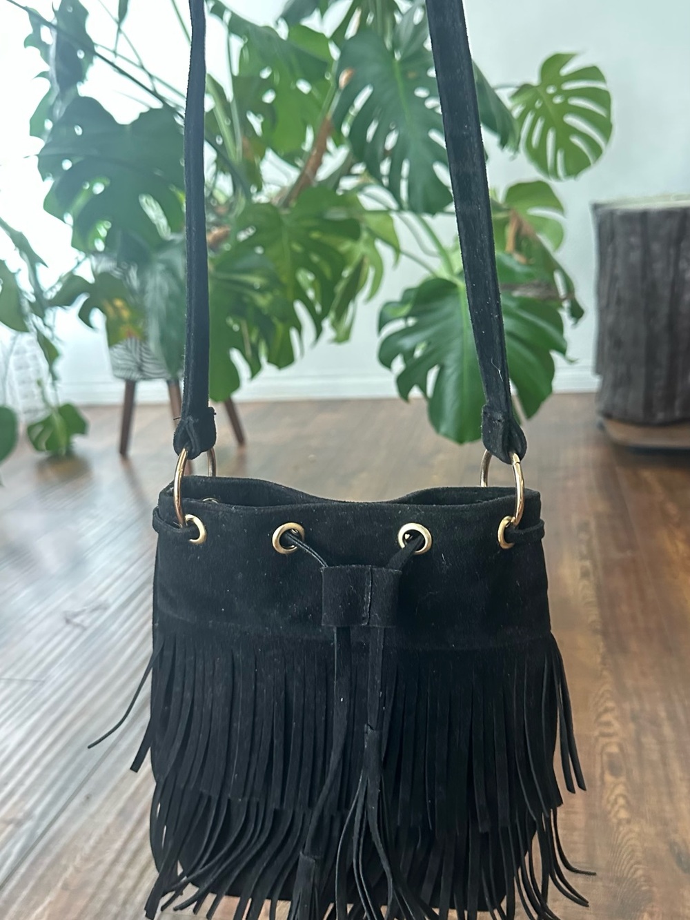 Vintage Black Suede Fringe Crossbody Bag